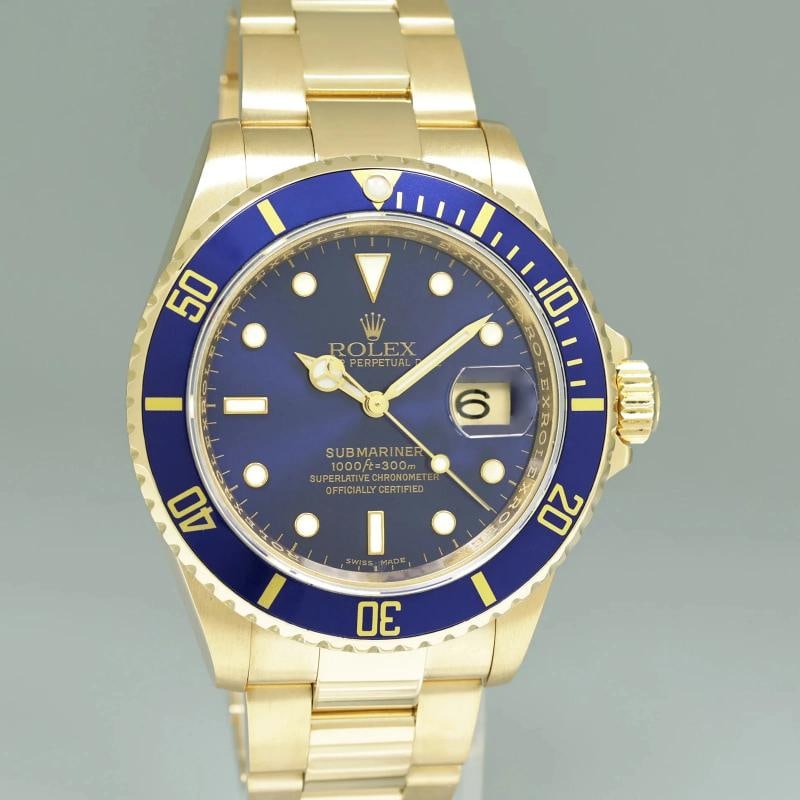 MINT 2007 Rolex 16618LB Submariner 40mm Yellow Gold Blue Sunburst Dial Watch Box - 3