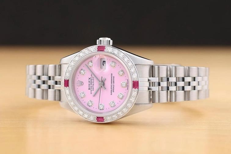 ROLEX LADIES DATEJUST 79174 18K GOLD STEEL PINK DIAL DIAMOND RUBY BEZEL WATCH - 2