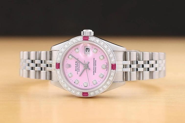 ROLEX LADIES DATEJUST 79174 18K GOLD STEEL PINK DIAL DIAMOND RUBY BEZEL WATCH - 3