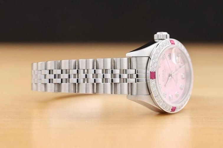ROLEX LADIES DATEJUST 79174 18K GOLD STEEL PINK DIAL DIAMOND RUBY BEZEL WATCH - 7