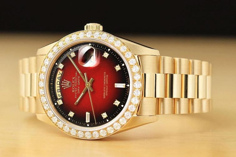 ROLEX MENS DAY-DATE PRESIDENT 2.0 CT BEZEL 18K GOLD RED VIGNETTE DIAMOND WATCH - 2