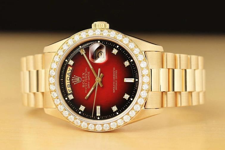 ROLEX MENS DAY-DATE PRESIDENT 2.0 CT BEZEL 18K GOLD RED VIGNETTE DIAMOND WATCH - 3