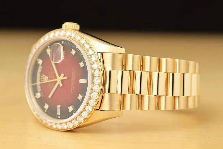 ROLEX MENS DAY-DATE PRESIDENT 2.0 CT BEZEL 18K GOLD RED VIGNETTE DIAMOND WATCH - 4