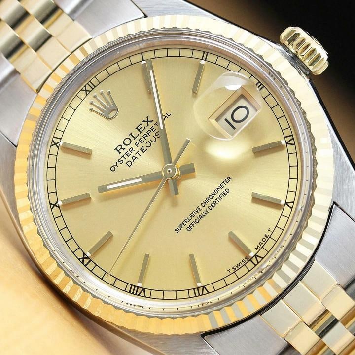 AUTHENTIC MENS ROLEX DATEJUST CHAMPAGNE 18K YELLOW GOLD STEEL 16013 2-TONE WATCH: Condition: Pre-owned - Excellent,Bezel Color: Gold,Max Wrist Size: 7.26-7.5 in,Number of Jewels: 27 Jewels,Indices: Stick Indexes, 12-Hour Dial,Bezel: Rolex 18K Yellow Gold Fluted Bezel,Band/Strap: Br
