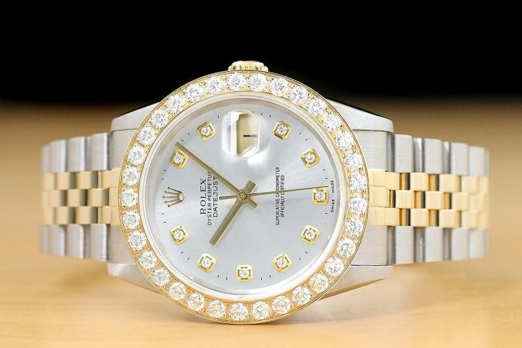 ROLEX MENS DATEJUST 16233 DIAMOND DIAL 2.5 CT BEZEL 18K YELLOW GOLD STEEL WATCH - 2