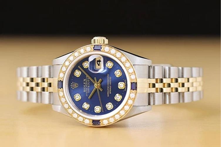 ROLEX LADIES DATEJUST 79173 BLUE DIAL 18K GOLD STEEL DIAMOND SAPPHIRE WATCH - 3