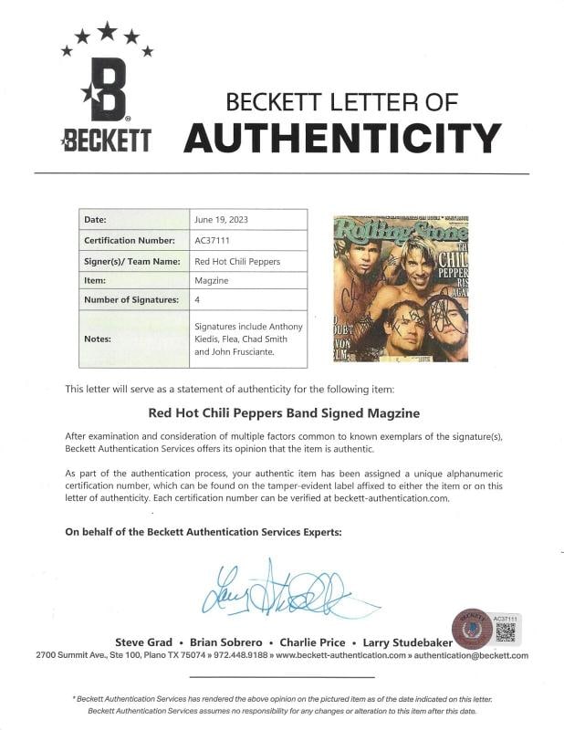 RED HOT CHILI PEPPERS BAND SIGNED ROLLING STONE MAGAZINE BECKETT COA x4 FLEA AK+ - 2