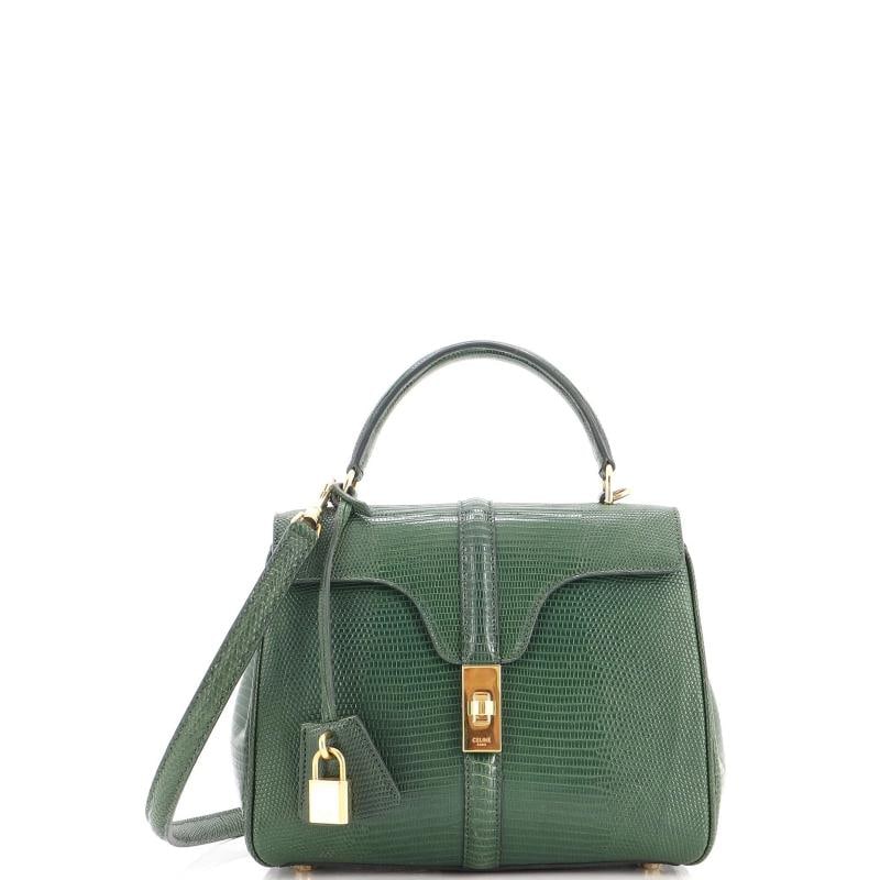Celine 16 Top Handle Bag Lizard Small: Condition: Pre-owned - Excellent,Brand: Celine,Exterior Material: Lizard, Exotic,Style: Top Handle,Exterior Color: Green,Department: Women,Size: Small,Accessories: Dust Bag, Lock, Clochette, Keys,
