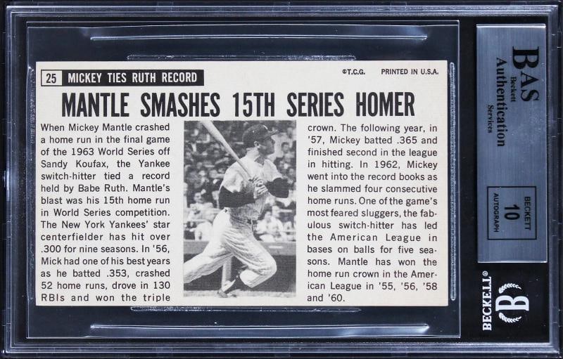 Yankees Mickey Mantle Signed 1964 Topps Giants #25 Card EX-MT 6 Auto 10 BAS Slab - 2