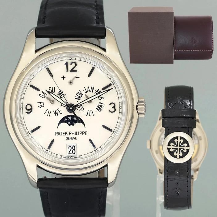 MINT Patek Philippe 5146G White Gold Annual Calendar 39mm Moon Watch Box: Case & Dial Case Material: Patek Philippe White Gold Case Size: 39mm Bezel: Patek Philippe White Gold Crystal: Patek Philippe Sapphire Dial: Patek Philippe White Movement & Bracelet Movement: Patek Ph