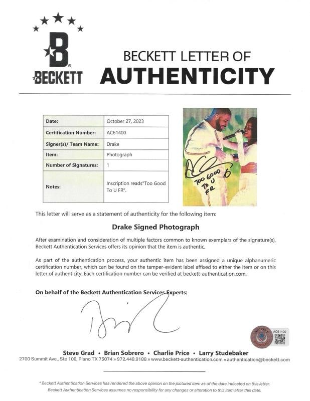 RAPPER DRAKE SIGNED 8x10 PHOTO WITH INSCRIPTION AUBREY GRAHAM BECKETT BAS COA - 3