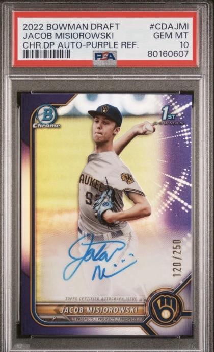 2022 Bowman Chrome Jacob Misiorowski PSA 10 Auto Purple Refractor 1st Prospect Rookie: 2022 Bowman Chrome Jacob Misiorowski PSA 10 Auto Purple Refractor 1st Prospect Rookie