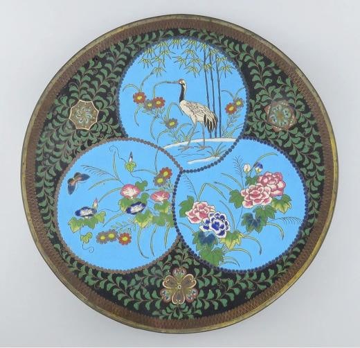 Antique Meiji Japanese Cloisonne Enamel Heron Crane Flower Charger Plate 12": Color: Multi-Color,Primary Material: Cloisonne,Age: 1880-1910,Original/Reproduction: Antique Original,Region of Origin: Japan,Country of Origin: Japan Antique Meiji Japanese Cloisonne Enamel Heron Cra