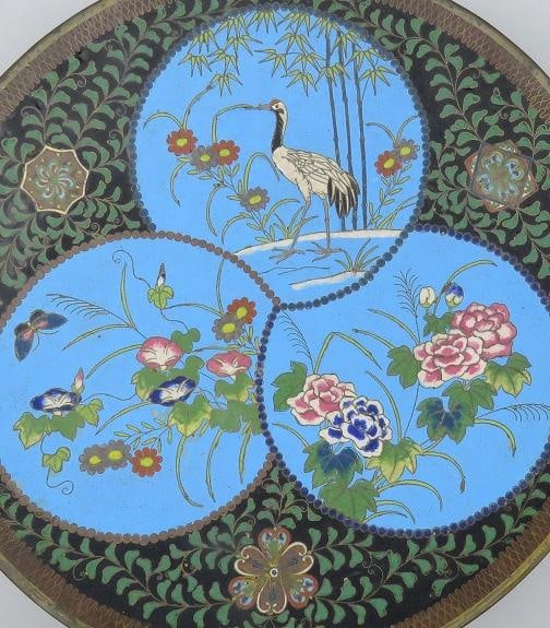 Antique Meiji Japanese Cloisonne Enamel Heron Crane Flower Charger Plate 12" - 2
