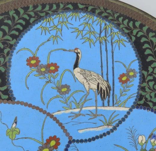 Antique Meiji Japanese Cloisonne Enamel Heron Crane Flower Charger Plate 12" - 3