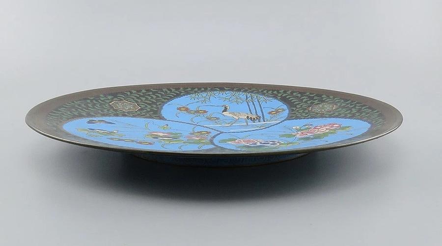 Antique Meiji Japanese Cloisonne Enamel Heron Crane Flower Charger Plate 12" - 5