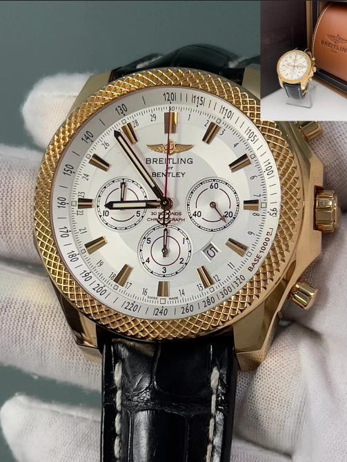 Breitling Bentley Barnato R25368 49mm 18K Rose Gold Limited Edition with Box: Style Number: R25368 Year: 2011 Model: Breitling For Bentley Barnato - Limited Edition only 500 ever made! Case Material: 18K Rose Gold Band: Black Leather Bezel: 18K Rose Gold Dial: White Crystal: