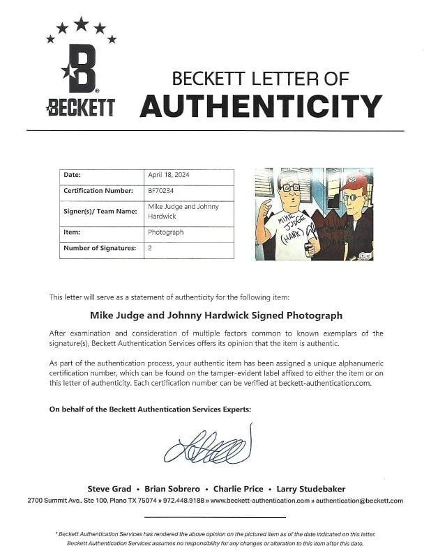 MIKE JUDGE & JOHNNY HARDWICK SIGNED 'KING OF THE HILL' 8x10 PHOTO BECKETT COA - 2