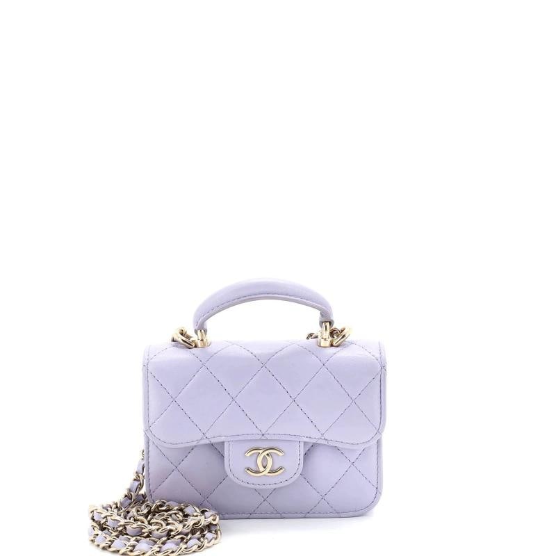 Chanel Top Handle Flap Coin Purse with Chain Quilted Lambskin: Condition: Pre-owned - Excellent,Brand: Chanel,Exterior Material: Leather,Style: Cross Body Bags,Exterior Color: Purple,Department: Women,Size: Unknown