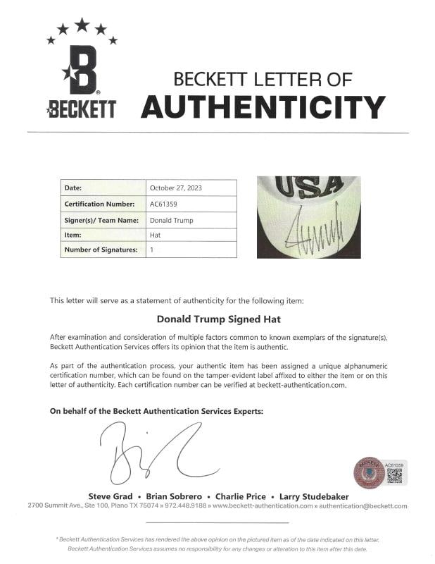 PRESIDENT DONALD J TRUMP SIGNED USA HAT 2024 MAKE AMERICA GREAT AGAIN 47 BECKETT - 3