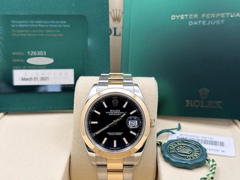 2021 Rolex Datejust 41 126303 Black Dial 18K Yellow Gold Steel Box Papers: Condition: Pre-owned - Excellent,Bezel Color: Gold, Yellow,Indices: Stick Indexes,Year Manufactured: 2020-Now,Band/Strap: Rolex Oyster,Case Color: Silver,Department: Men,Bezel Type: Smooth,Watch