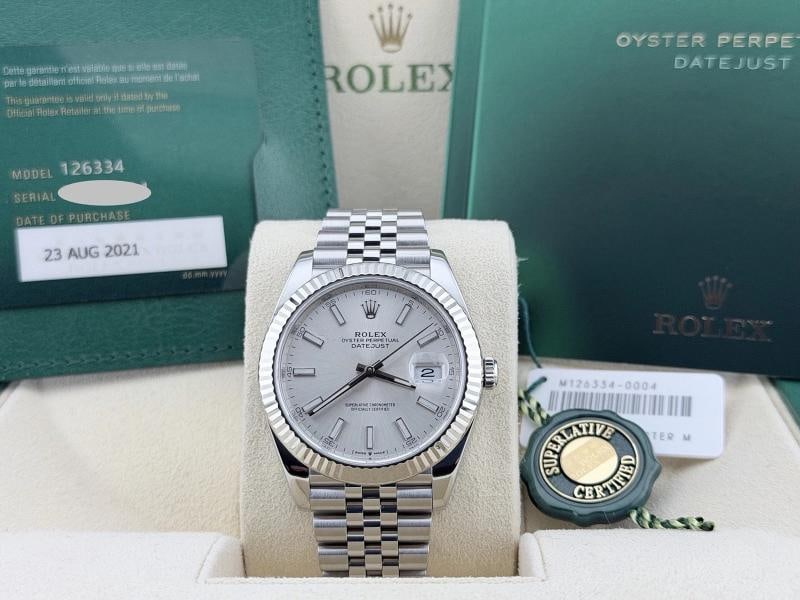 Rolex Datejust 41 126334 41mm Silver Dial 18k White Gold Steel Jubilee Box Paper: Condition: Pre-owned - Excellent,Bezel Color: Silver,Year Manufactured: 2020-Now,Band/Strap: Rolex Jubilee,Case Color: Silver,Department: Men,Bezel Type: Fluted,Watch Shape: Round,Style: