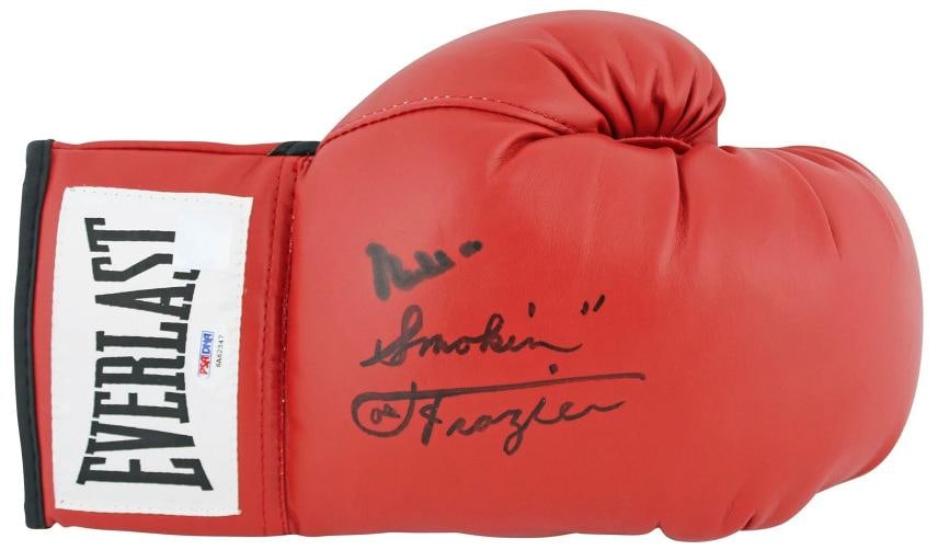 Muhammad Ali & Joe Frazier Signed Red Everlast Boxing Glove PSA/DNA #6A62547: Player: Muhammad Ali & Joe Frazier,Sport: Boxing,Product: Glove,Original/Reprint: Original,Autograph Authentication: PSA,PRODUCT_COA: PSA,PRODUCT_SIGNED_BY_NAME: Muhammad Ali & Joe Frazier,Country of 