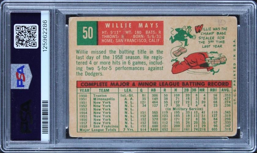 Giants Willie Mays Authentic Signed 1959 Topps #50 Card Auto 10! PSA/DNA Slabbed - 2