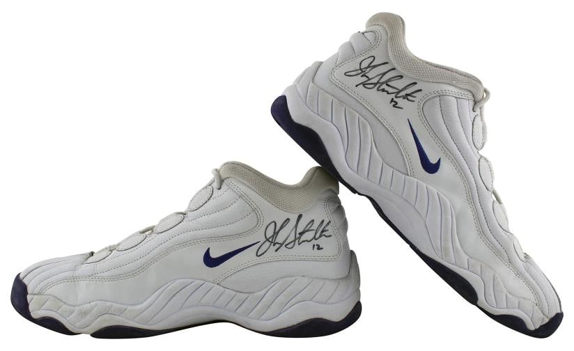 Jazz John Stockton Authentic Signed Game Used Nike Size 12.5 Shoes BAS #AA03719: Team: Utah Jazz,Player: John Stockton,League: NBA,Sport: Basketball,PRODUCT_COA: Beckett,PRODUCT_SIGNED_BY_NAME: John Stockton,PRODUCT_SIGNED_BY_BRAND: Utah Jazz,Country of Origin: United States