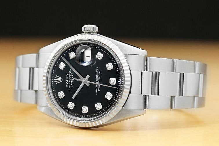 MENS ROLEX DATEJUST BLACK DIAMOND DIAL 18K WHITE GOLD FLUTED BEZEL STEEL WATCH - 2