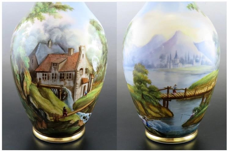 Antique Pair Hand Painted Porcelain Landscape Scene Large Flower Vases 13 1/2" - 3