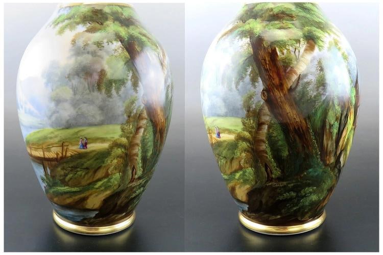 Antique Pair Hand Painted Porcelain Landscape Scene Large Flower Vases 13 1/2" - 4
