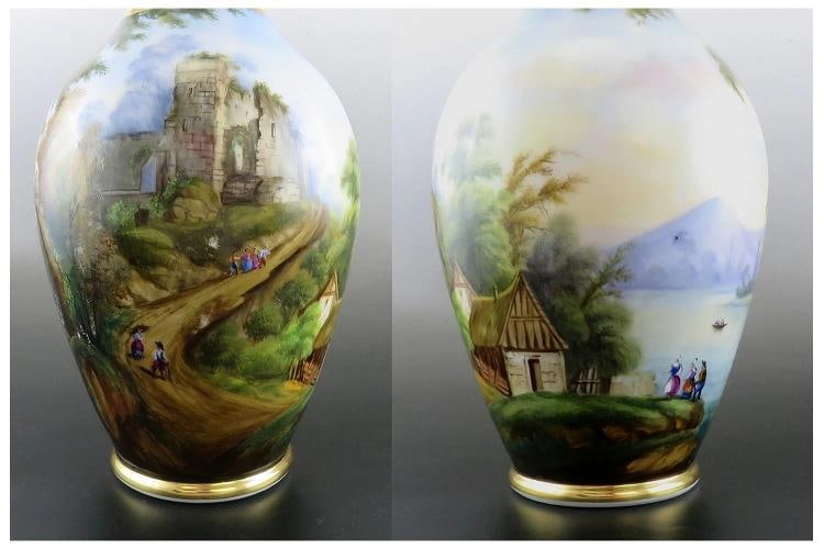 Antique Pair Hand Painted Porcelain Landscape Scene Large Flower Vases 13 1/2" - 5
