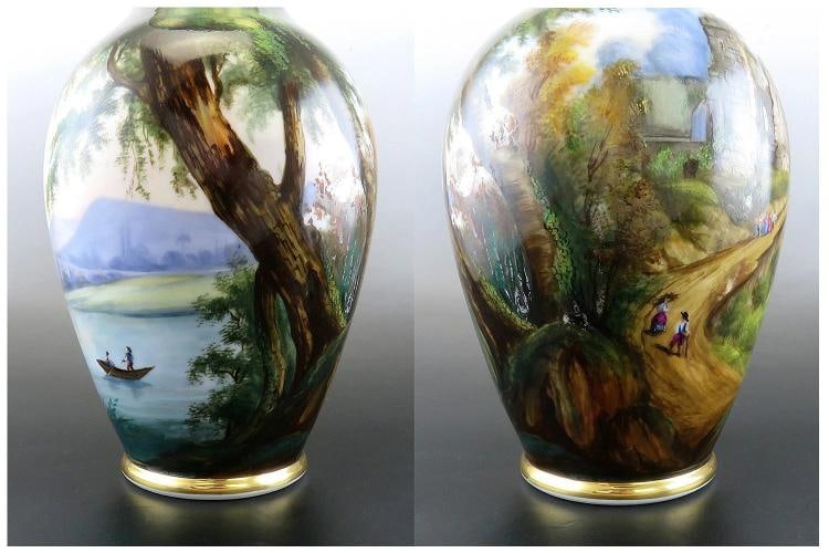 Antique Pair Hand Painted Porcelain Landscape Scene Large Flower Vases 13 1/2" - 6