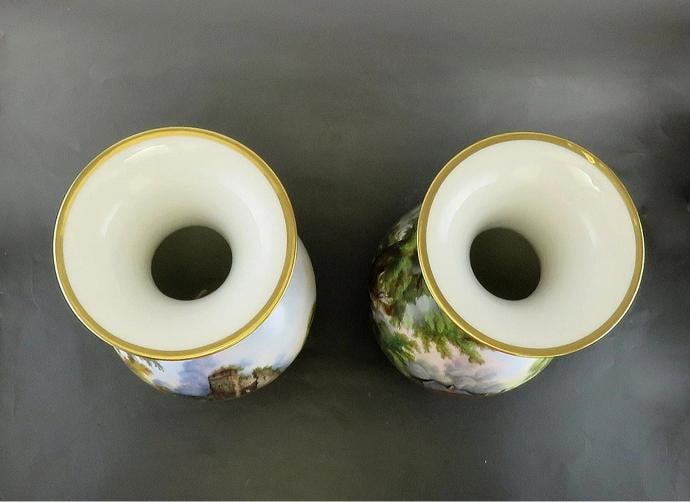 Antique Pair Hand Painted Porcelain Landscape Scene Large Flower Vases 13 1/2" - 7