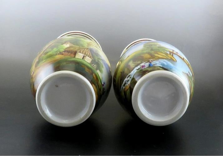 Antique Pair Hand Painted Porcelain Landscape Scene Large Flower Vases 13 1/2" - 8