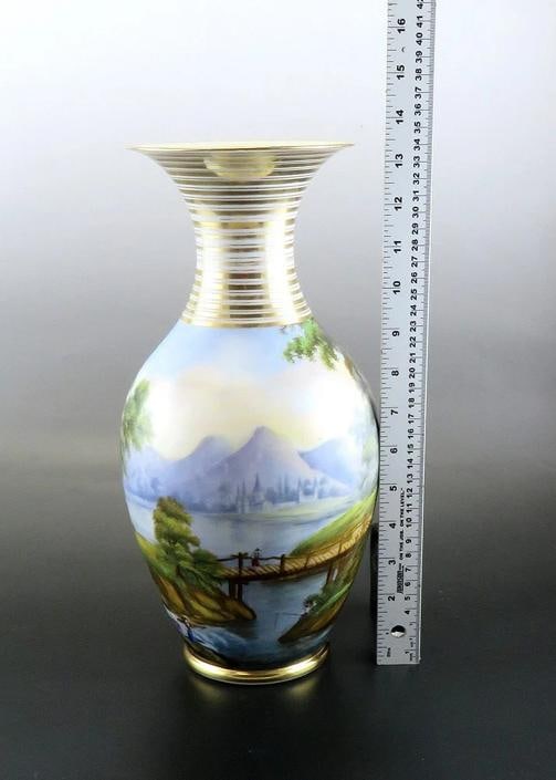 Antique Pair Hand Painted Porcelain Landscape Scene Large Flower Vases 13 1/2" - 9