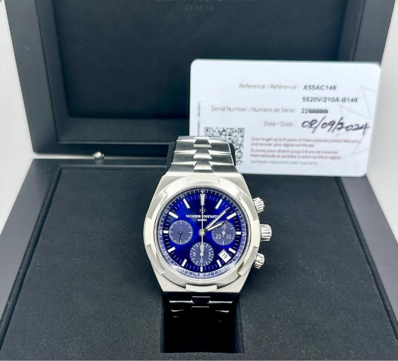 2024 Vacheron Constantin Overseas Blue Dial Chrono 5520V/210A-B148: Condition: Pre-owned - Excellent,Bezel Color: Silver,Year Manufactured: 2024,Band/Strap: Bracelet,Case Color: Silver,Caseback: Exhibition,Department: Men,Watch Shape: Round,Style: Dress/Formal, Luxury