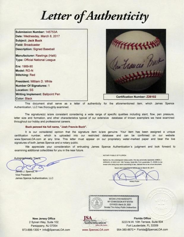 Rare Jack Buck Full Name Single Signed NL Baseball JSA COA - 3