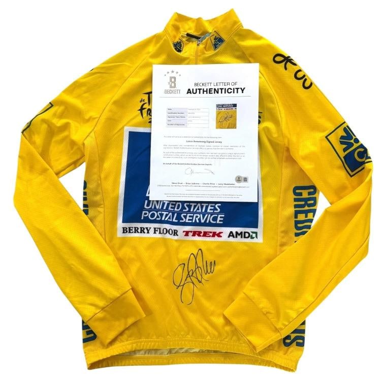 Lance Armstrong Signed Autograph Tour De France Yellow USPS Jersey Beckett Bas: Player: Lance Armstrong,Sport: Cycling,Signed: Yes,Original/Reprint: Original,Autograph Authentication: Beckett Authentication Services (BAS),Product: Jersey,Country of Origin: United States