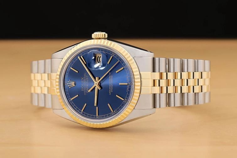 ROLEX MENS DATEJUST 16013 BLUE DIAL 18K YELLOW GOLD STAINLESS STEEL WATCH - 2