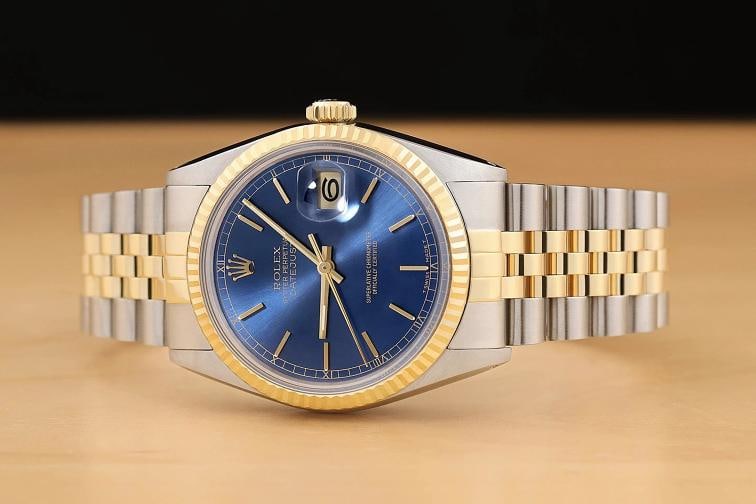 ROLEX MENS DATEJUST 16013 BLUE DIAL 18K YELLOW GOLD STAINLESS STEEL WATCH - 3