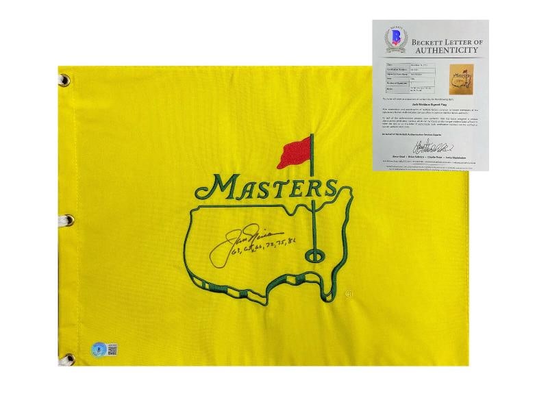 JACK NICKLAUS SIGNED AUTO OFFICIAL MASTERS FLAG BECKETT BAS WIN YEARS INSC (1 of 1)