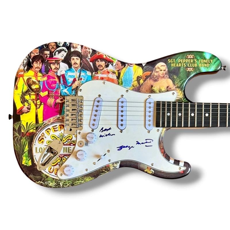 George Martin Signed Guitar Custom Graphics JSA COA The Beatles Sgt Peppers: Industry: Music,Signed: Yes,Autograph Authentication: James Spence (JSA),Object Type: Guitar & Guitar Pick,Original/Reproduction: Original,Country of Origin: United States