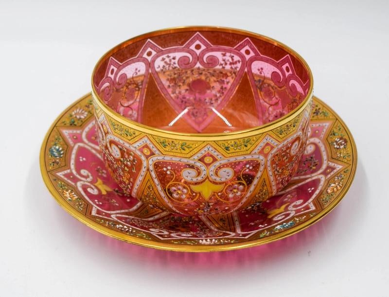 Incredible Moser Hand Painted & Enameled Finger Bowl & Underplate C.1925 - 2