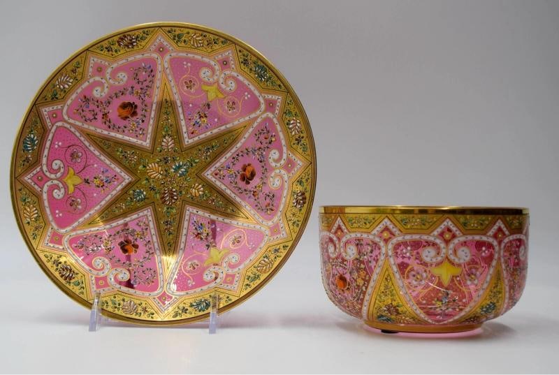 Incredible Moser Hand Painted & Enameled Finger Bowl & Underplate C.1925 - 3