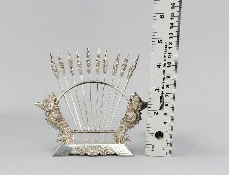 c1930s Vietnamese 900 Silver 10 Food Picks w/ Stand Dragons Design - 6