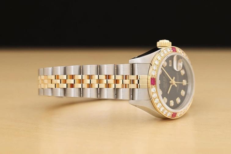ROLEX LADIES DATEJUST 69173 BLACK DIAMOND RUBY 18K YELLOW GOLD STEEL WATCH - 7