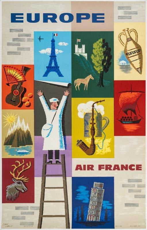 Original Travel Poster, Carlu, Air France Europe, Eiffel Tower England Deer 1957: Condition: Used,Country of Origin: France,Artist: Jean Carlu,Unit of Sale: Single Piece,Signed By: Jean Carlu,Size: Large (up to 60in.),Signed: Yes,Title: Europe Air france,Material: Paper,Certificate