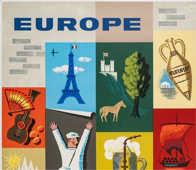 Original Travel Poster, Carlu, Air France Europe, Eiffel Tower England Deer 1957 - 2